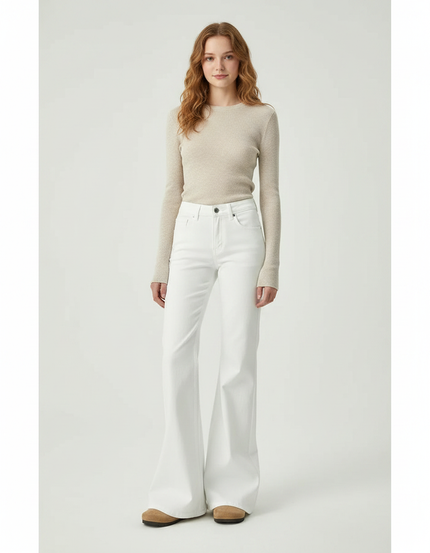 Pantalon Patte D'Éléphant Blanc Taille Haute Évasé Décontracté - Jean