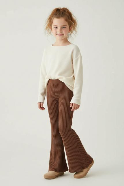 Pantalon Patte D'Éléphant Côtelé Marron Évasé Enfant Confortable - Maille