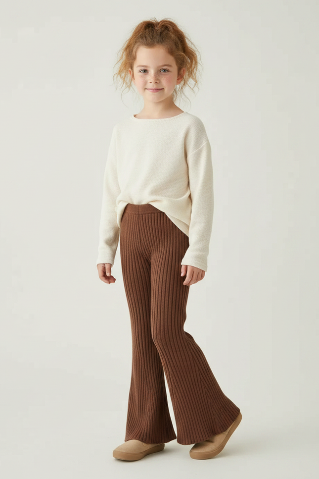 Pantalon Patte D'Éléphant Côtelé Marron Évasé Enfant Confortable - Maille