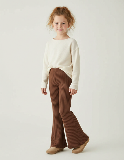 Pantalon Patte D'Éléphant Côtelé Marron Évasé Enfant Confortable - Maille