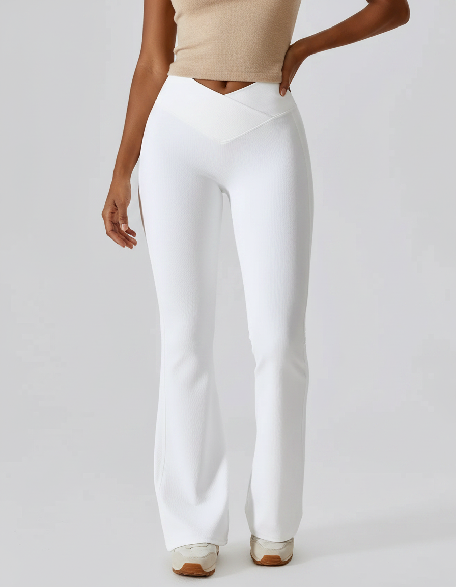Pantalon Patte D'Éléphant Blanc Taille Haute Évasé Confortable - Maille