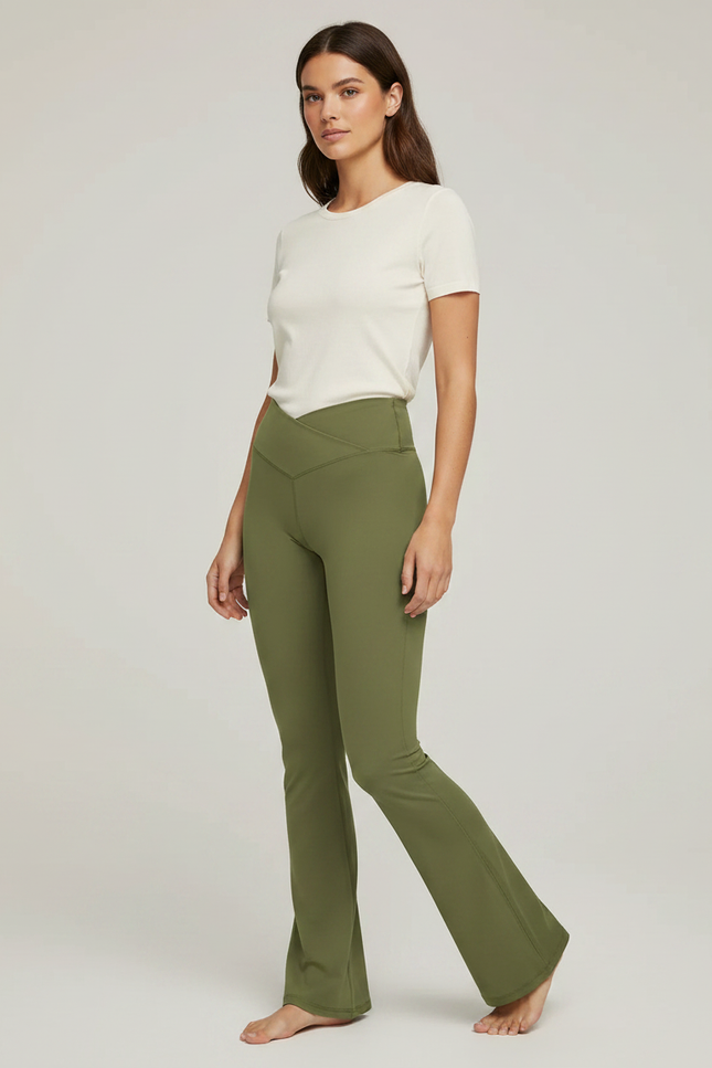 Pantalon Patte D'Éléphant Vert Kaki Taille Haute Évasé Yoga - Polyester