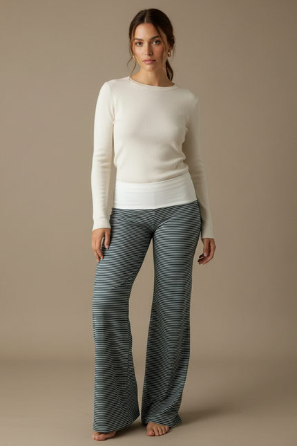 Pantalon Patte D'Éléphant Rayé Bleu Marine Confortable Décontracté - Maille