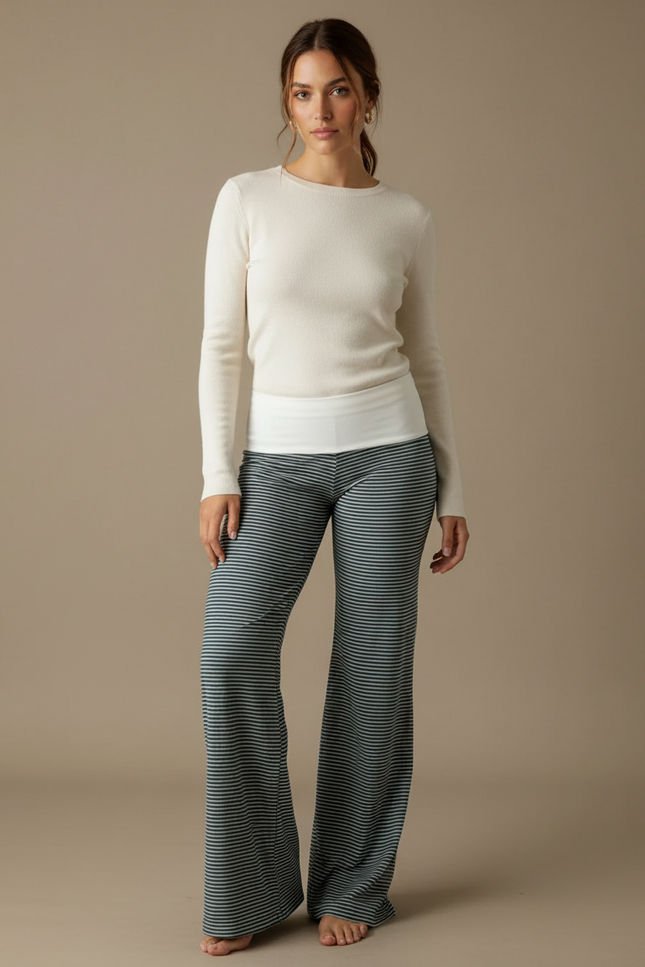 Pantalon Patte D'Éléphant Rayé Bleu Marine Confortable Décontracté - Maille
