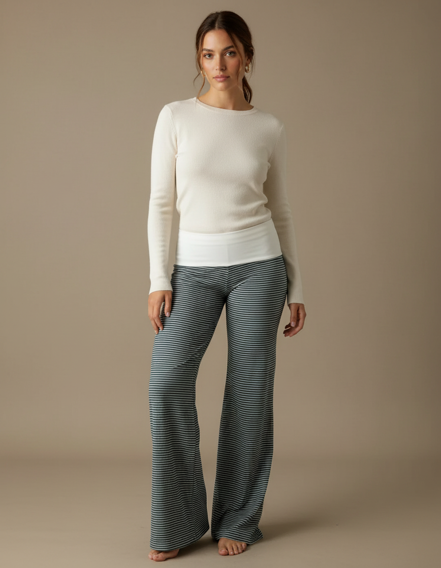 Pantalon Patte D'Éléphant Rayé Bleu Marine Confortable Décontracté - Maille
