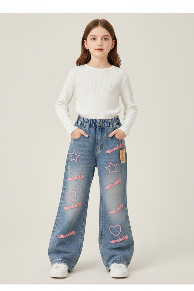 Pantalon Patte D'Éléphant Denim Bleu Brodé Étoiles Cœurs Ample Fille - Jean
