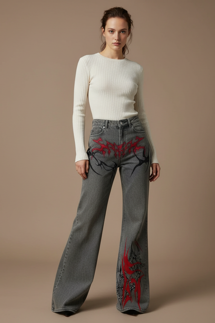 Pantalon Patte D'Éléphant Gris Imprimé Tribal Gothique Ample - Jean