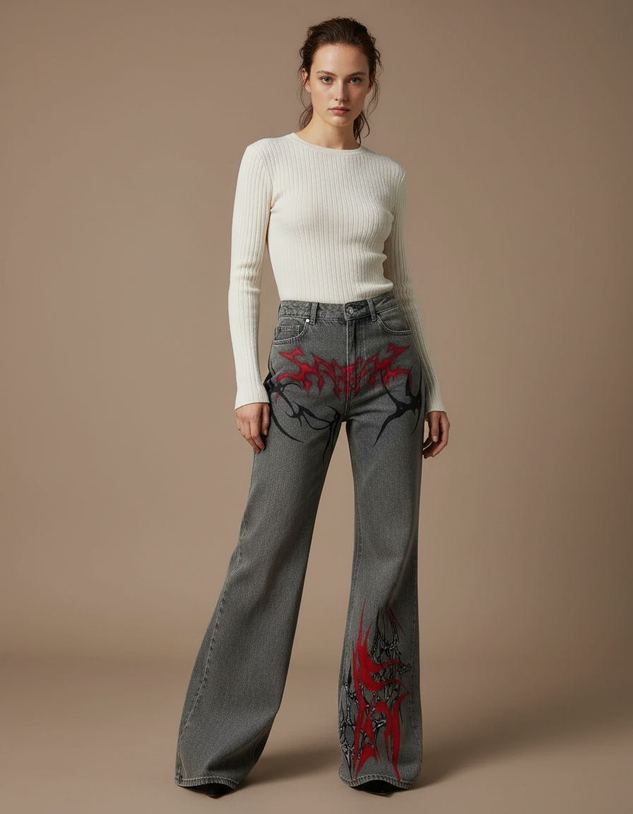 Pantalon Patte D'Éléphant Gris Imprimé Tribal Gothique Ample - Jean