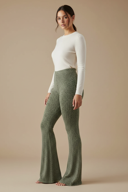 Pantalon Patte D'Éléphant Côtelé Vert Kaki Confortable Stretch - Maille
