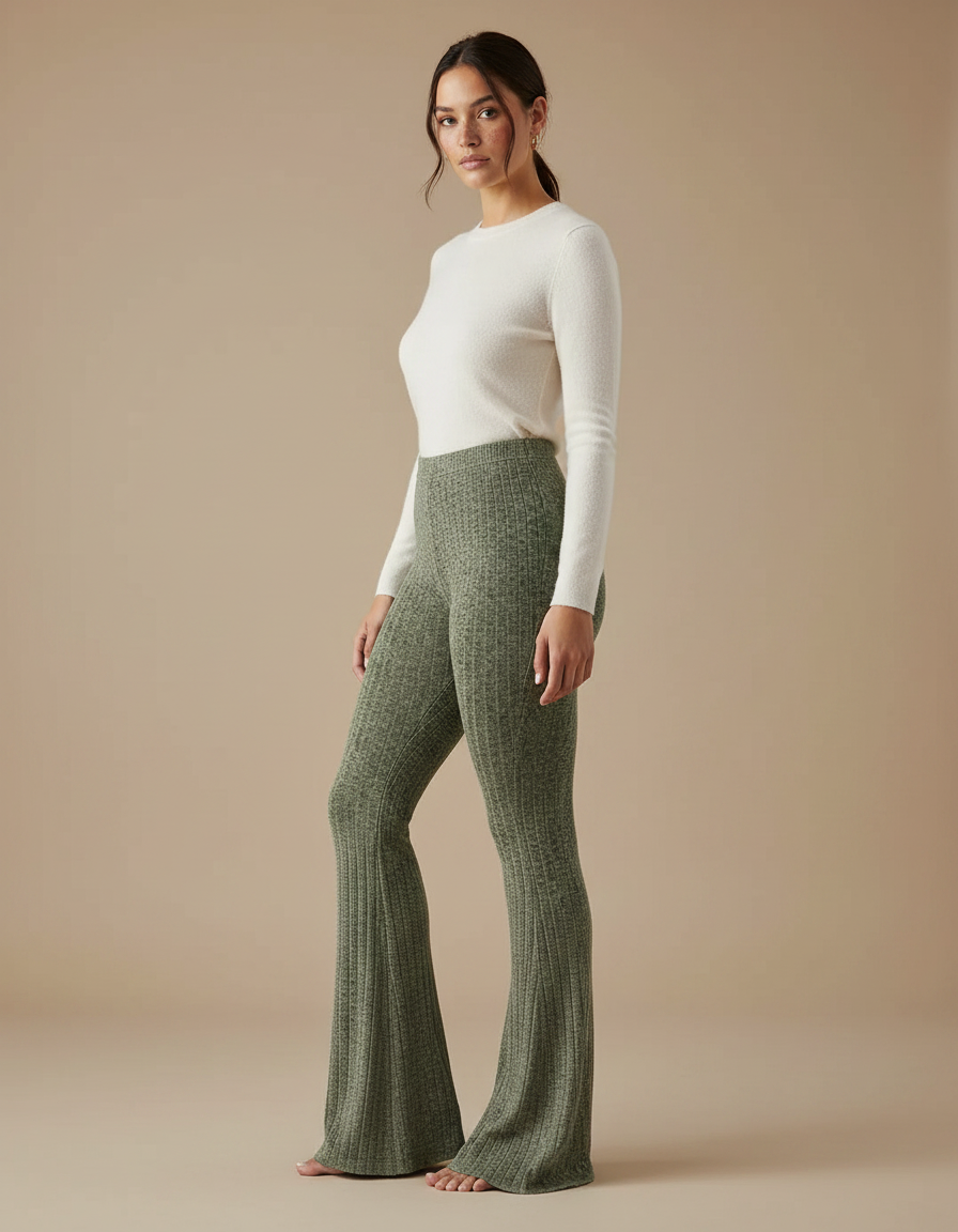 Pantalon Patte D'Éléphant Côtelé Vert Kaki Confortable Stretch - Maille