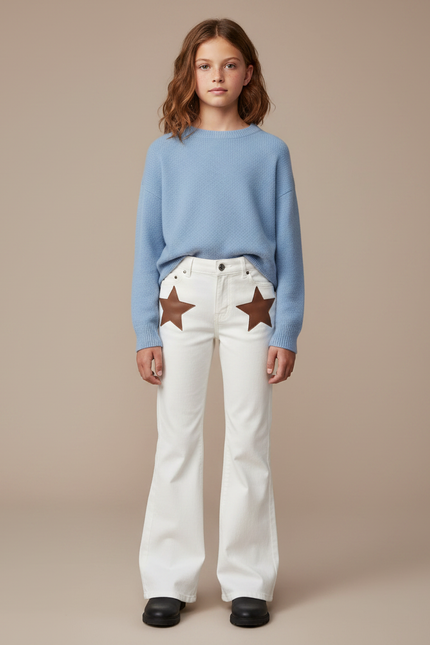 Pantalon Patte D'Éléphant Blanc Évasé Étoiles Marron Décontracté - Jean