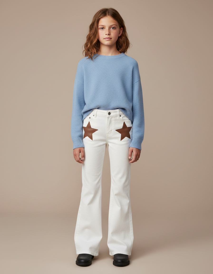 Pantalon Patte D'Éléphant Blanc Évasé Étoiles Marron Décontracté - Jean