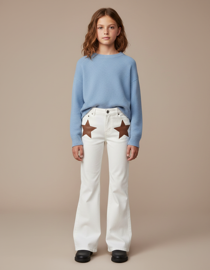Pantalon Patte D'Éléphant Blanc Évasé Étoiles Marron Décontracté - Jean