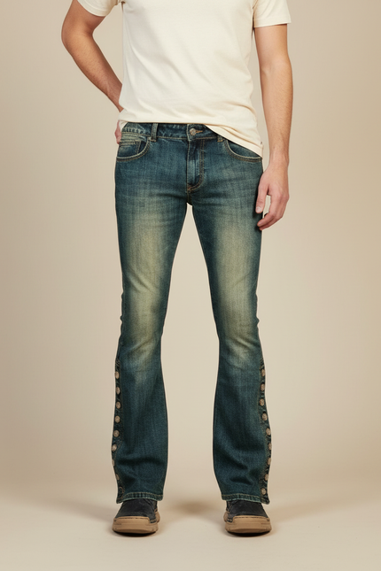Pantalon Patte D'Éléphant Jean Bleu Boutons Latéraux Rétro