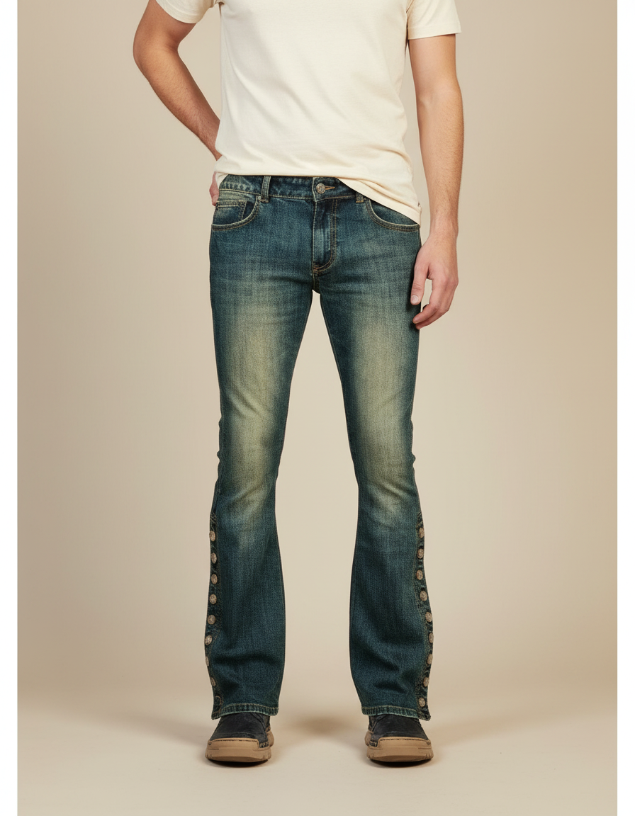Pantalon Patte D'Éléphant Jean Bleu Boutons Latéraux Rétro