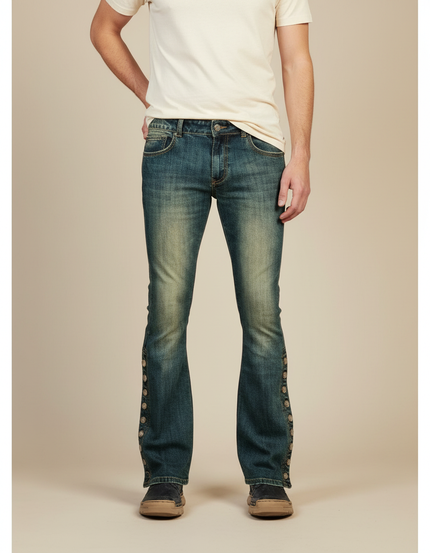 Pantalon Patte D'Éléphant Jean Bleu Boutons Latéraux Rétro