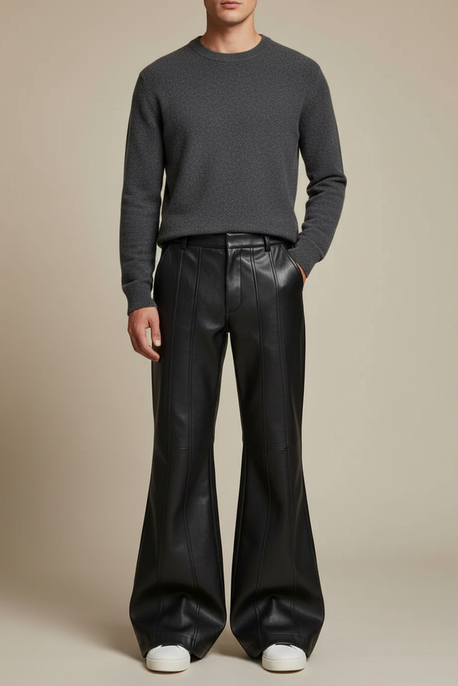 Pantalon Simili Cuir Patte D'éléphant - Noir