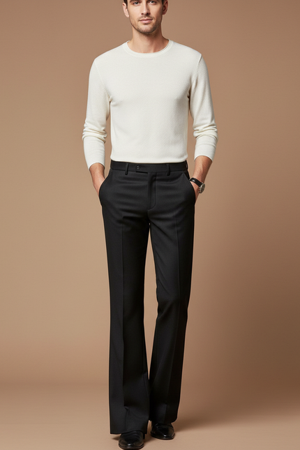 Pantalon Patte D'Éléphant Homme Noir Évasé Classique Élégant - Laine