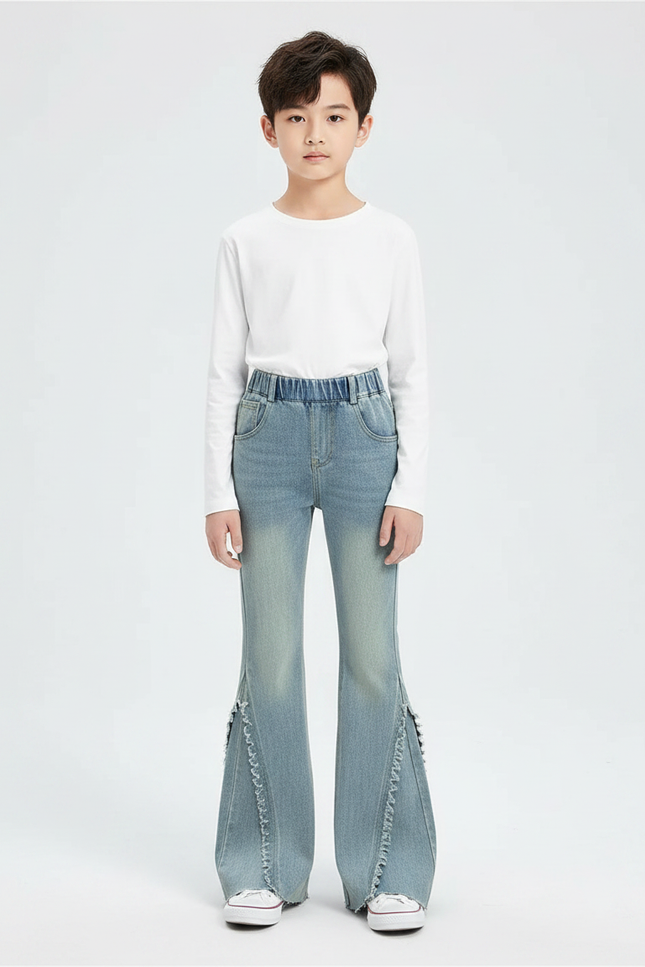 Pantalon Patte D'Éléphant Denim Bleu Clair Évasé Franges - Jean