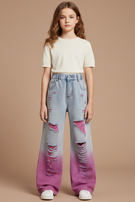 Pantalon Patte D'Éléphant Large Déchiré Dégradé Rose Enfant - Jean