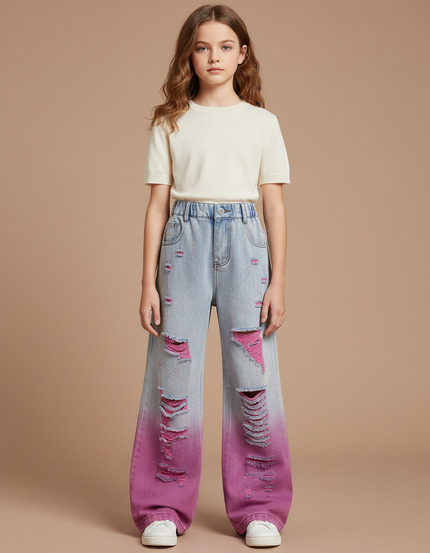 Pantalon Patte D'Éléphant Large Déchiré Dégradé Rose Enfant - Jean