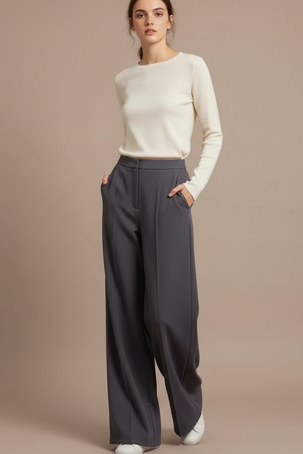 Pantalon Patte D'Éléphant Gris Ample Fluide Taille Haute - Polyester