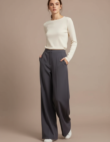 Pantalon Patte D'Éléphant Gris Ample Fluide Taille Haute - Polyester