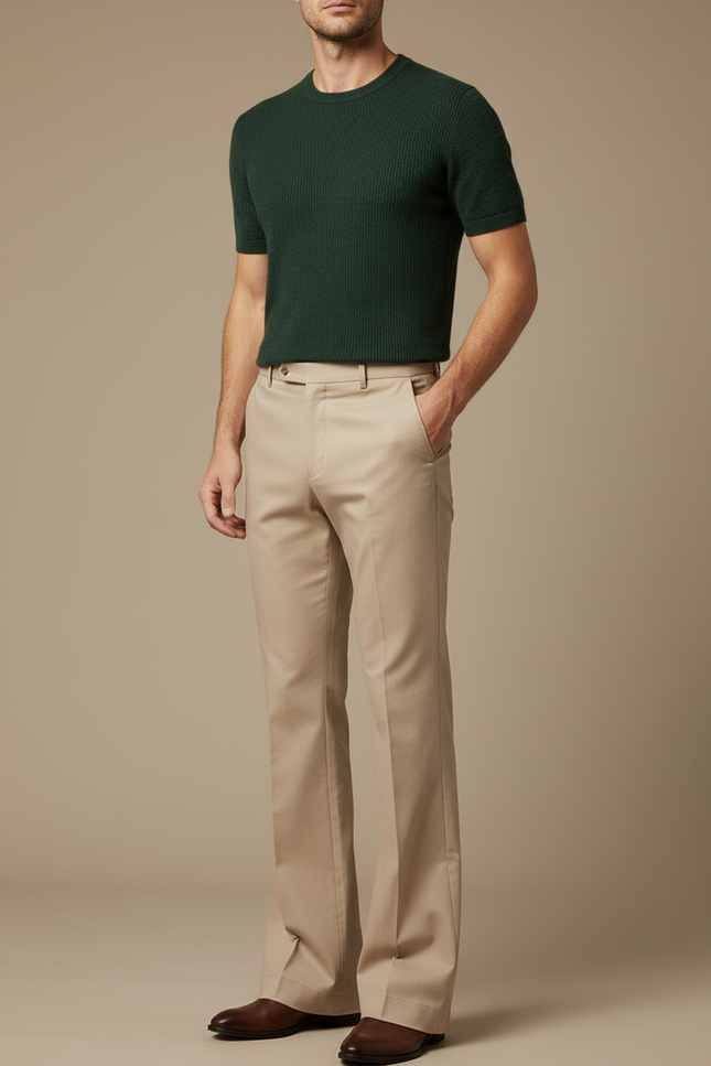 Pantalon Patte D'Éléphant Homme Beige Évasé Décontracté Élégant - Gabardine