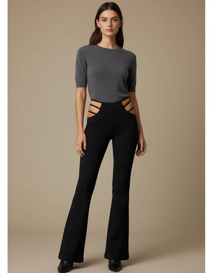 Pantalon Patte D'Éléphant Noir Découpes Latérales Stretch - Polyester