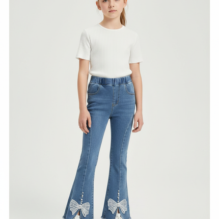 Pantalon Patte D'Éléphant Denim Bleu Nœuds Perles Évasé Fille - Jean