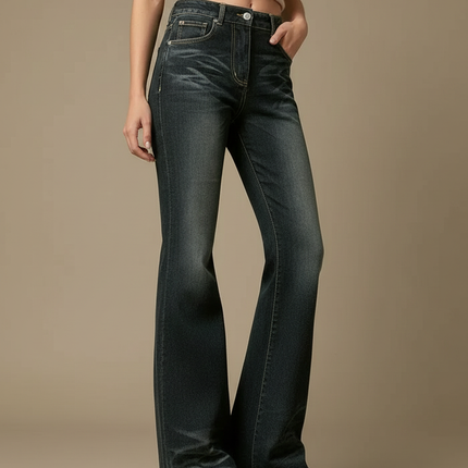Pantalon Patte D'Éléphant Jean Évasé Taille Haute Délavé - Marine