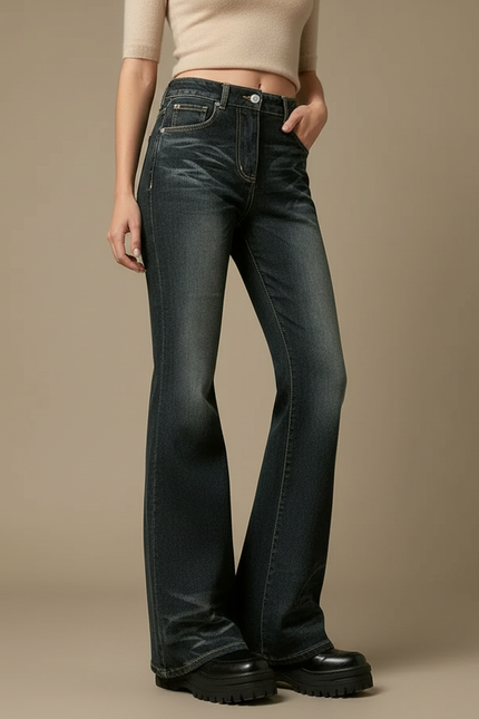 Pantalon Patte D'Éléphant Jean Évasé Taille Haute Délavé - Marine