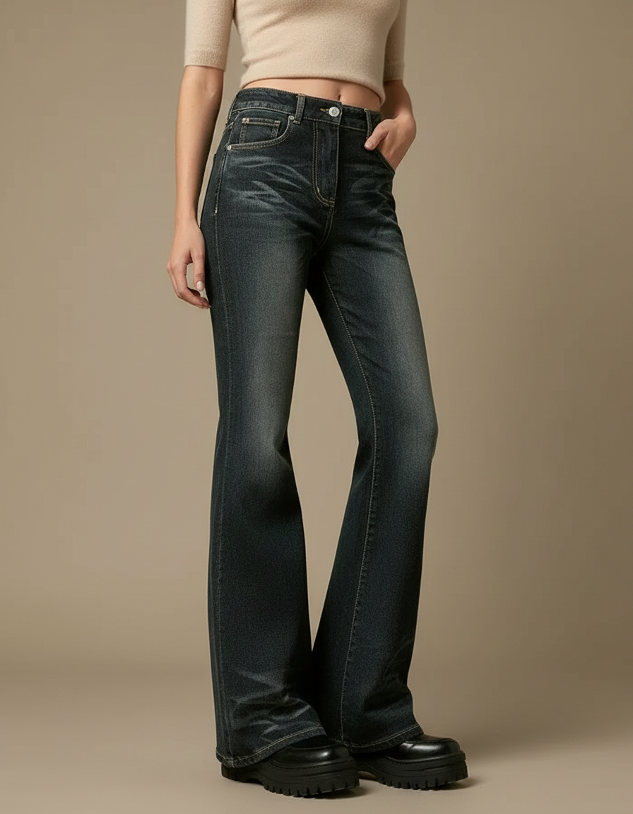 Pantalon Patte D'Éléphant Jean Évasé Taille Haute Délavé - Marine