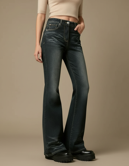Pantalon Patte D'Éléphant Jean Évasé Taille Haute Délavé - Marine