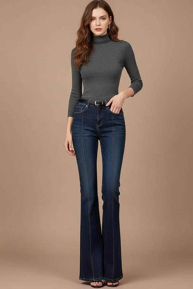 Pantalon Patte D'Éléphant Bleu Foncé Taille Haute Évasé - Marine Jean