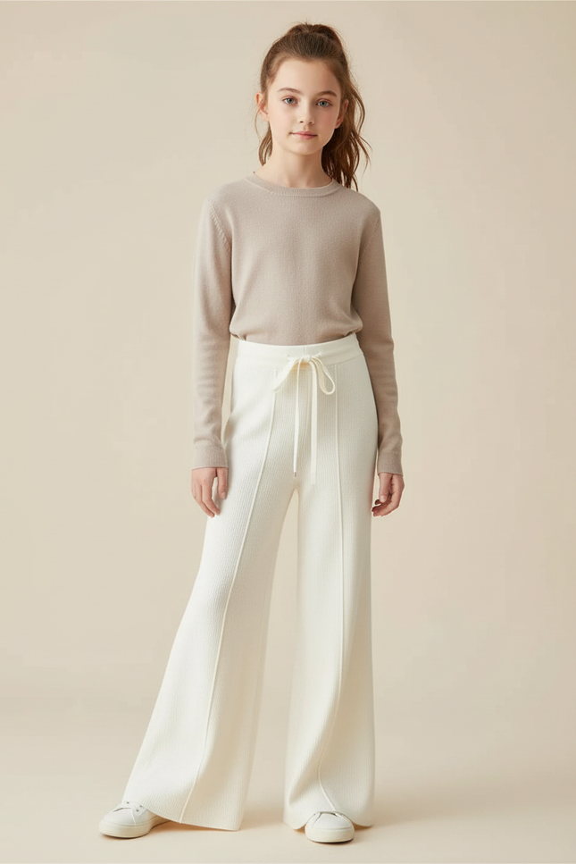 Pantalon Patte D'Éléphant Écru Tricot Côtelé Confortable Cordon - Blanc Maille