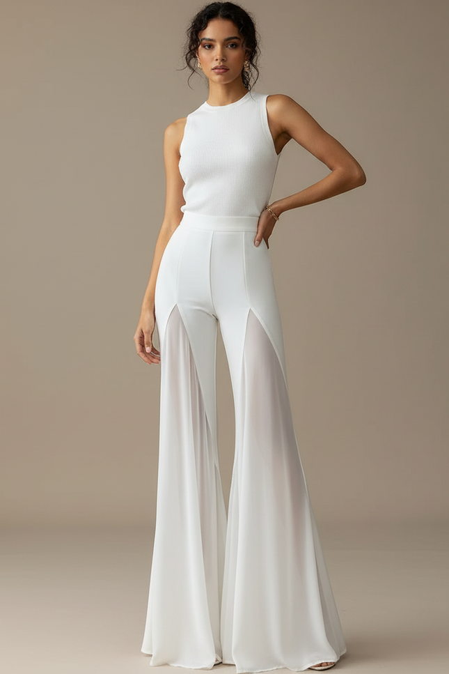 Pantalon Patte D'Éléphant Blanc Mesh Fluide Élégant Chiffon - Polyester