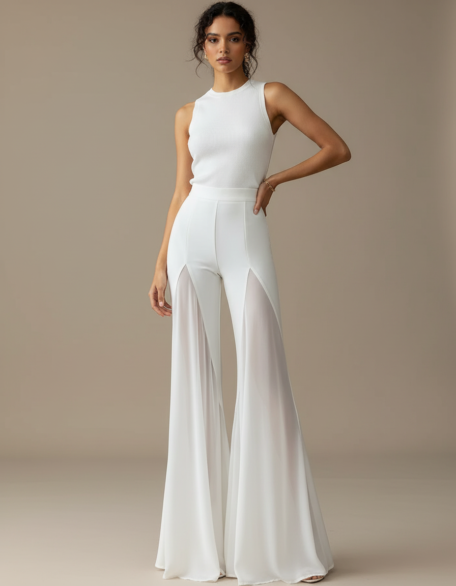 Pantalon Patte D'Éléphant Blanc Mesh Fluide Élégant Chiffon - Polyester