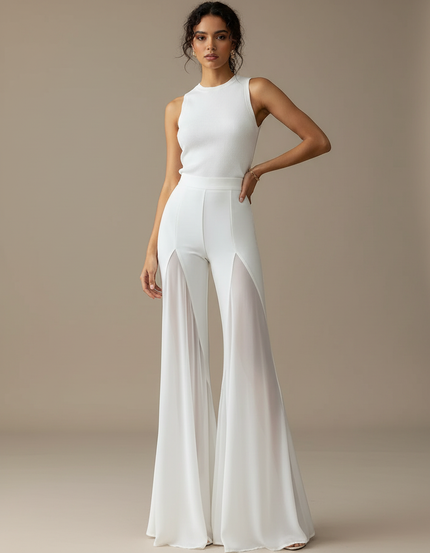 Pantalon Patte D'Éléphant Blanc Mesh Fluide Élégant Chiffon - Polyester