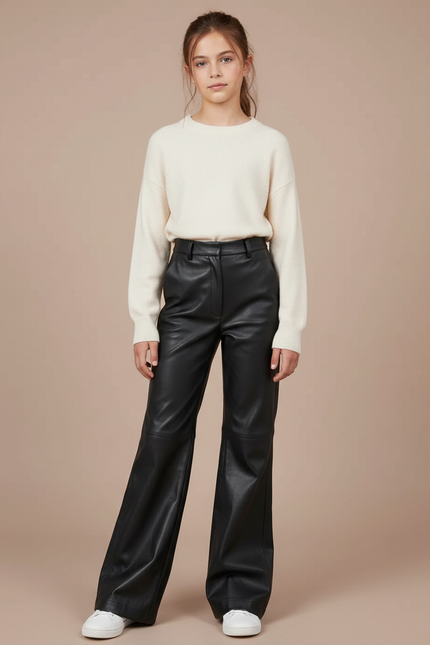 Pantalon Patte D'Éléphant Noir Similicuir Taille Haute Décontracté - Simili cuir