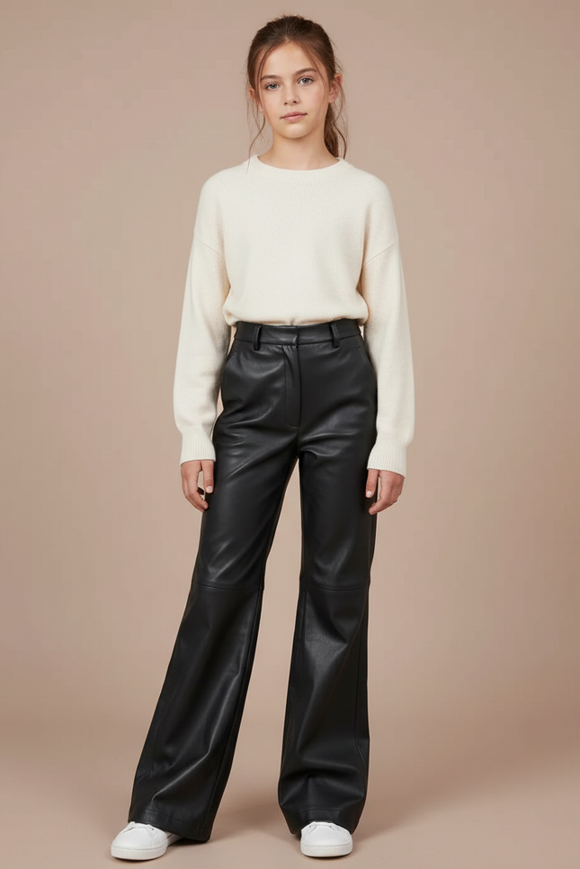 Pantalon Patte D'Éléphant Noir Similicuir Taille Haute Décontracté - Simili cuir