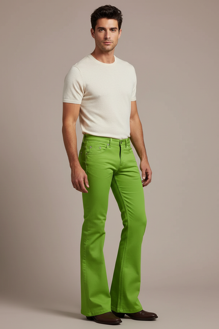 Pantalon Patte D'Éléphant Vert Vif Homme Évasé Décontracté - Coton