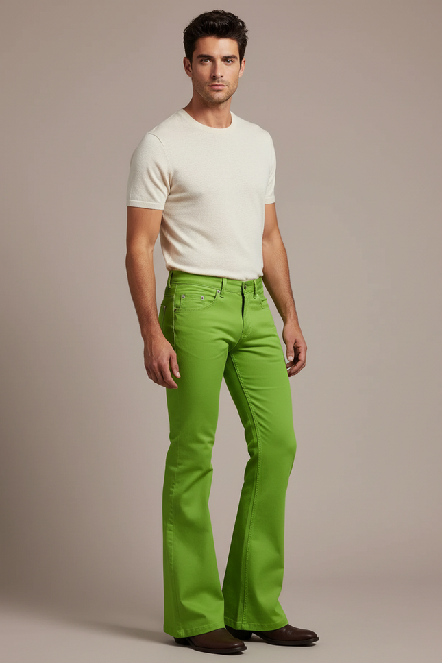 Pantalon Patte D'Éléphant Vert Vif Homme Évasé Décontracté - Coton