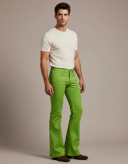 Pantalon Patte D'Éléphant Vert Vif Homme Évasé Décontracté - Coton