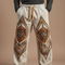 Pantalon Patte D'Éléphant Beige Brodé Lion Ethnique Ample Homme - Lin
