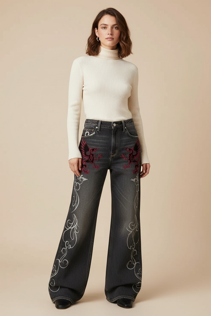 Pantalon Patte D'Éléphant Denim Noir Brodé Vintage Y2K - Jean