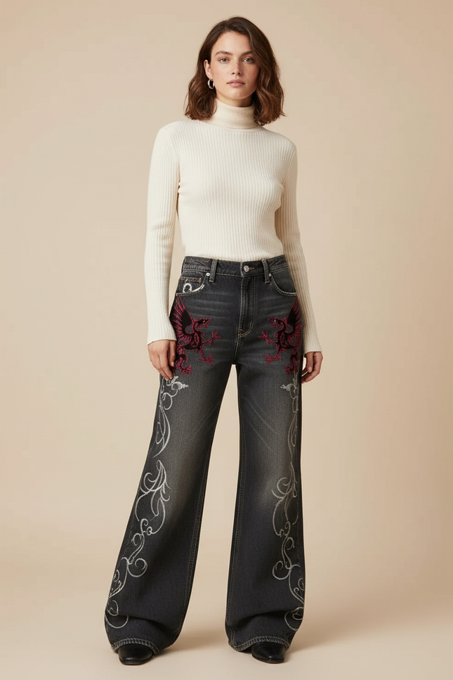 Pantalon Patte D'Éléphant Denim Noir Brodé Vintage Y2K - Jean