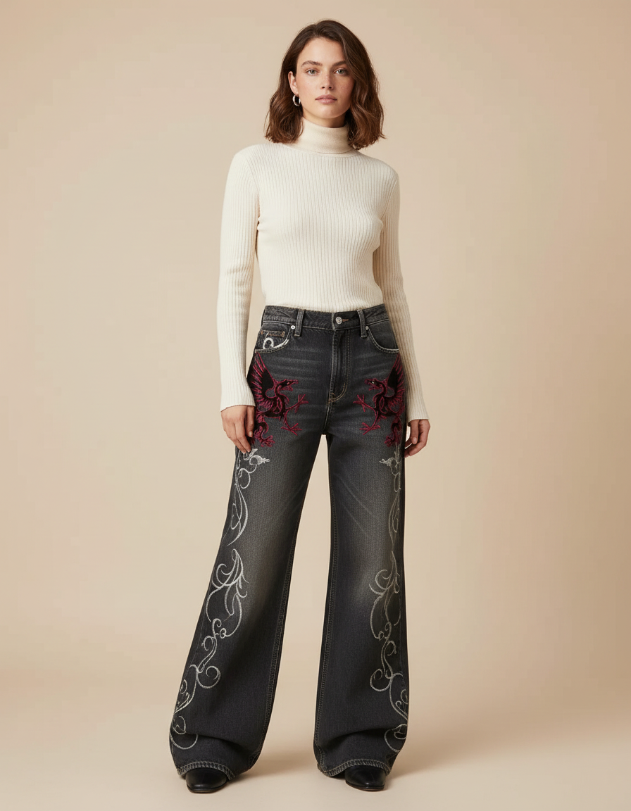 Pantalon Patte D'Éléphant Denim Noir Brodé Vintage Y2K - Jean