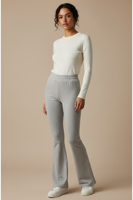 Pantalon Patte D'Éléphant Gris Chiné Confortable Évasé Femme - Molleton