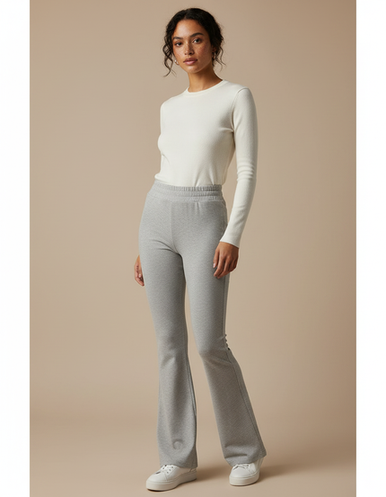 Pantalon Patte D'Éléphant Gris Chiné Confortable Évasé Femme - Molleton